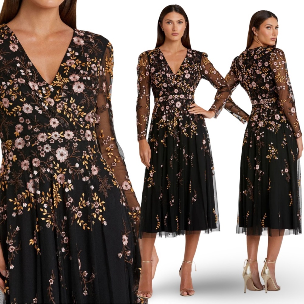 Mac Duggal Black Floral Midi Dress with Pink & Gold Embroidery